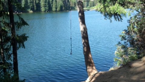 The east side of the lake features a rope swing.