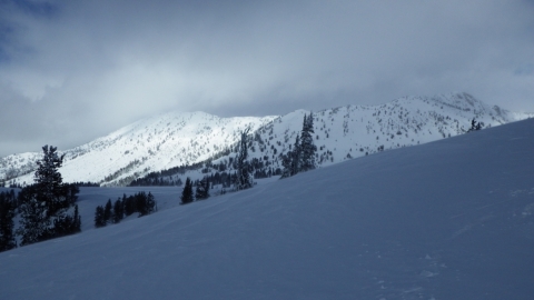 Cornucopia Peak is the point on the far right. The track here follows the middle ridge in the picture that climbs from left upward to the middle of the picture (the darker ridge not in the sun)