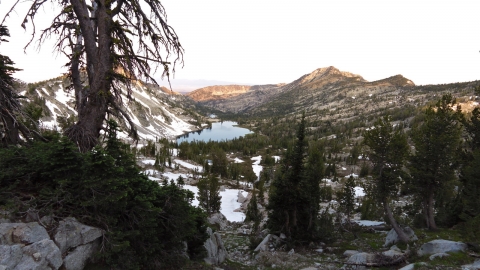 Traverse Lake seen from the Wonker Pass in early morning, with Echo Lake visible beyond it. 