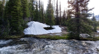 Swift water, and snow banks in early July