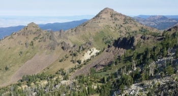 The distinctive Sand Pass seen from the Mule Peak Trail.