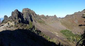 Sand Pass and The Gargoyles seen from the Mule Peak Trail.