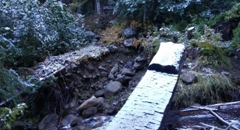 The bridge has been upended by Fake Creek.