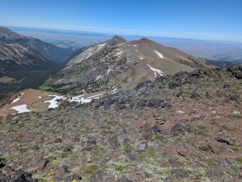View of the entire ridge from Aneroid Summit, looking north. Hidden peak is in front of East Peak. 