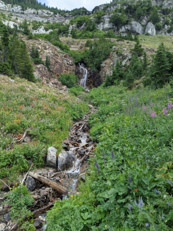 Waterfall seen near the bottom of the trail. 