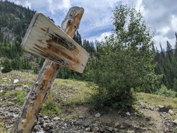 Trail sign at the end of the trail and junction with West Fork Wallowa Trail