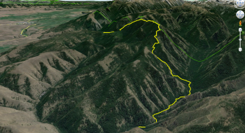 The entire trail with Huckleberry Trailhead on the top left. Green is wilderness boundary.