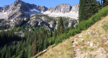 The old trail heads up the ridge with Granite Butte in the background. 