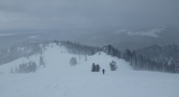 A look back downhill at the more difficult ridge to navigate on snowmobile