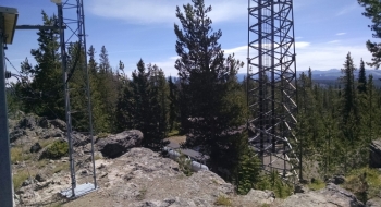 Looking through the TV towers east toward the Eagle Cap Wilderness