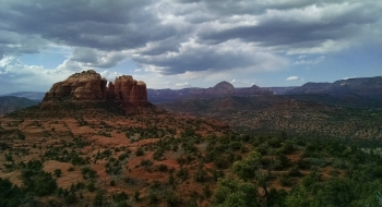 Awesome view, with the Hiline trail visible below, in front of Cathedral Rock. 