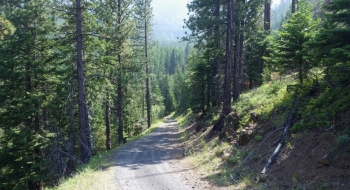 Blue Creek Saddle at the trail intersection. Looking southeast at the presumably stolen flow of the beginning of the Norway Creek. Note that the sign is spun around and arrows are in the wrong direction. 