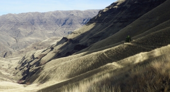 The trail seen traversing the ridge on the right. 