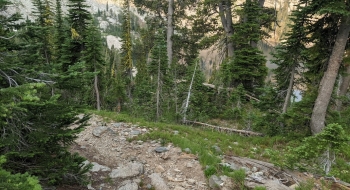 The lake becomes visible before a short descent on the trail.