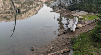 The shoreline of the reservoir starting to show.